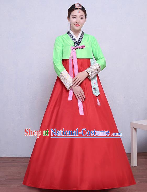 Asian Korean Dance Costumes Traditional Korean Dress Hanbok Clothing Green Blouse and Red Skirt for Women