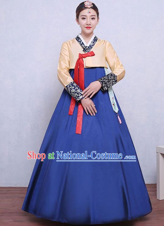 Asian Korean Dance Costumes Traditional Korean Dress Hanbok Clothing Yellow Blouse and Navy Skirt for Women