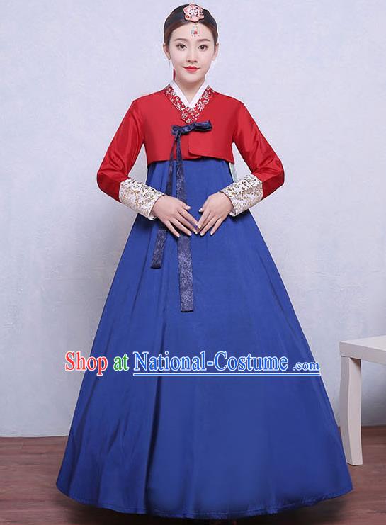 Asian Korean Dance Costumes Traditional Korean Dress Hanbok Clothing Red Blouse and Navy Skirt for Women