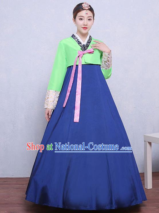 Asian Korean Dance Costumes Traditional Korean Hanbok Clothing Green Blouse and Navy Dress for Women