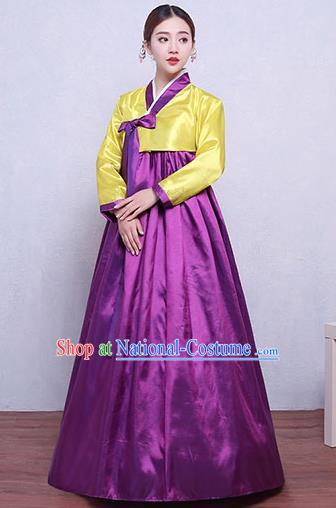 Asian Korean Dance Costumes Traditional Korean Hanbok Clothing Yellow Blouse and Purple Dress for Women