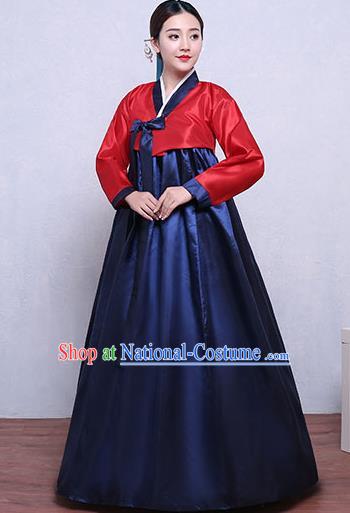 Asian Korean Dance Costumes Traditional Korean Hanbok Clothing Red Blouse and Navy Dress for Women