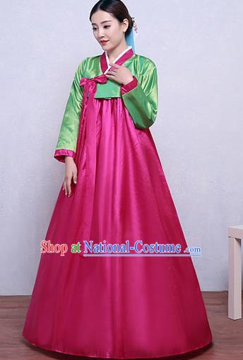 Asian Korean Dance Costumes Traditional Korean Hanbok Clothing Green Blouse and Rosy Dress for Women