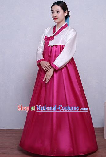 Asian Korean Dance Costumes Traditional Korean Hanbok Clothing White Blouse and Rosy Dress for Women