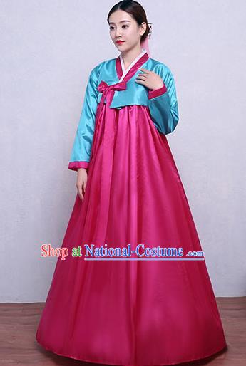 Asian Korean Dance Costumes Traditional Korean Hanbok Clothing Blue Blouse and Rosy Dress for Women