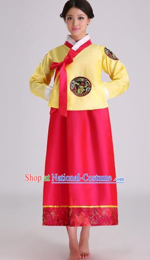 Asian Korean Palace Costumes Traditional Korean Bride Hanbok Clothing Yellow Blouse and Red Dress for Women