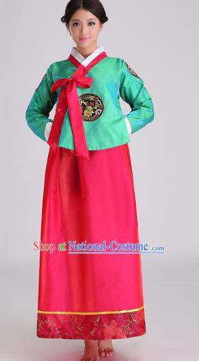 Asian Korean Palace Costumes Traditional Korean Bride Hanbok Clothing Green Blouse and Red Dress for Women