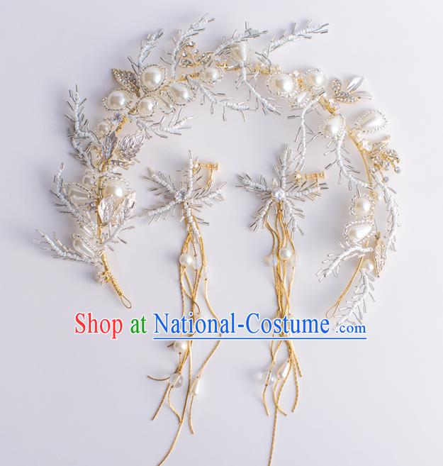 Handmade Classical Wedding Hair Accessories Bride Beads Hair Clasp and Earrings Headwear for Women