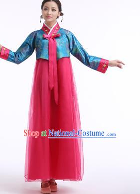 Asian Korean Palace Costumes Traditional Korean Bride Hanbok Clothing Blue Blouse and Rosy Veil Dress for Women