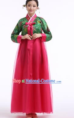 Asian Korean Palace Costumes Traditional Korean Bride Hanbok Clothing Green Blouse and Rosy Veil Dress for Women