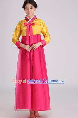 Asian Korean Palace Costumes Traditional Korean Bride Hanbok Clothing Yellow Blouse and Rosy Veil Dress for Women