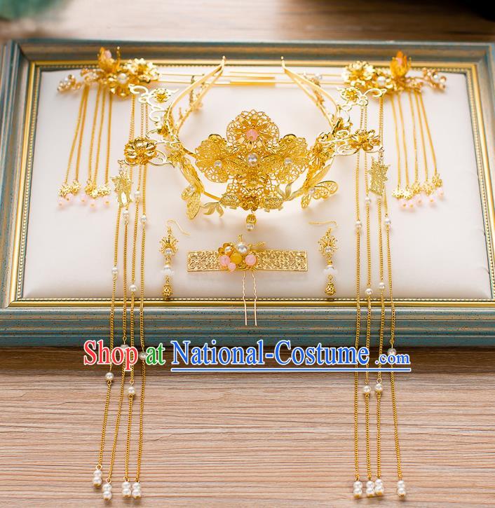 Chinese Handmade Classical Wedding Hair Accessories Ancient Xiuhe Suits Golden Phoenix Coronet Hairpins for Women