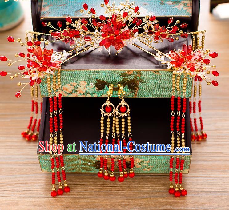 Chinese Handmade Classical Wedding Hair Accessories Ancient Xiuhe Suits Red Beads Phoenix Coronet Hairpins for Women