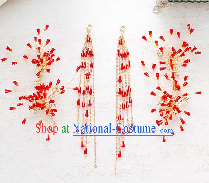 Handmade Classical Wedding Accessories Bride Red Hair Stick and Tassel Earrings Headwear for Women