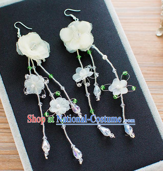 Handmade Classical Wedding Accessories Bride Beige Silk Flowers Tassel Earrings for Women