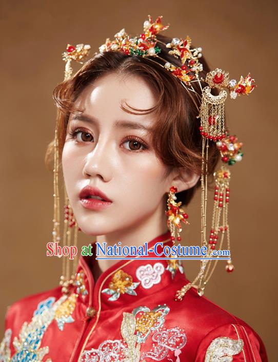 Chinese Handmade Classical Wedding Hair Accessories Ancient Tassel Hairpins Red Phoenix Coronet for Women