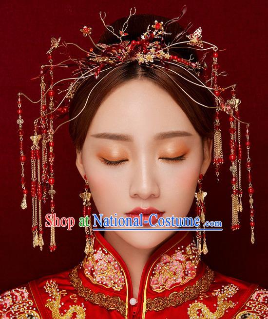 Chinese Handmade Classical Wedding Hair Accessories Ancient Tassel Hairpins Red Step Shake for Women