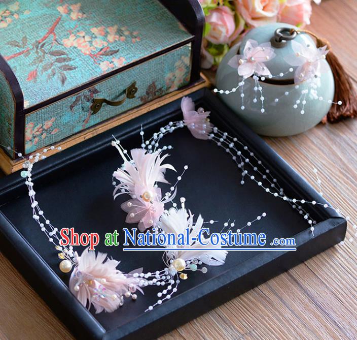 Handmade Classical Wedding Hair Accessories Bride Pink Feather Hair Clasp Headband for Women