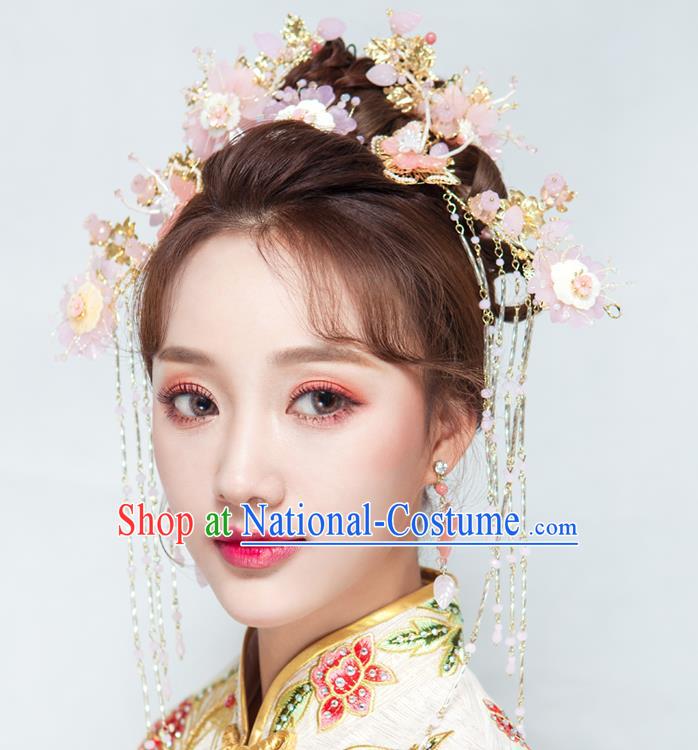 Chinese Handmade Classical Wedding Hair Accessories Ancient Xiuhe Suits Pink Flowers Phoenix Coronet Hairpins for Women