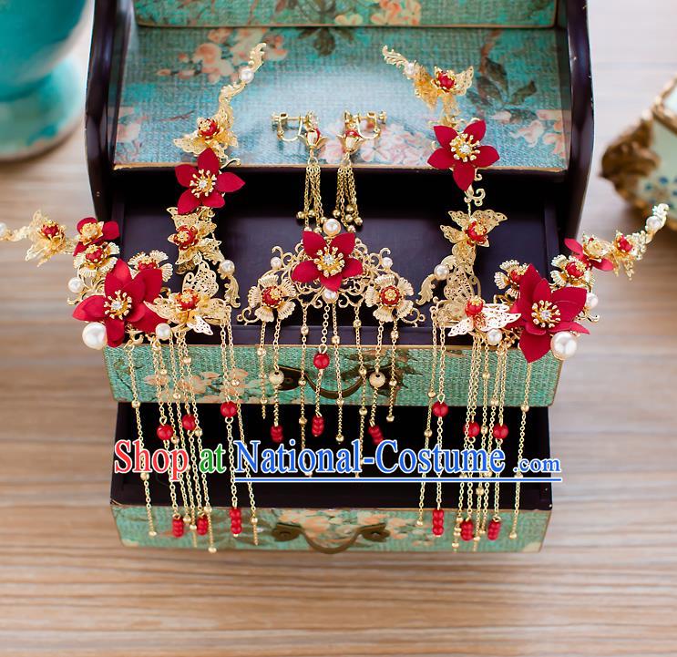 Chinese Handmade Classical Wedding Hair Accessories Ancient Xiuhe Suits Red Flowers Hair Stick Hairpins for Women