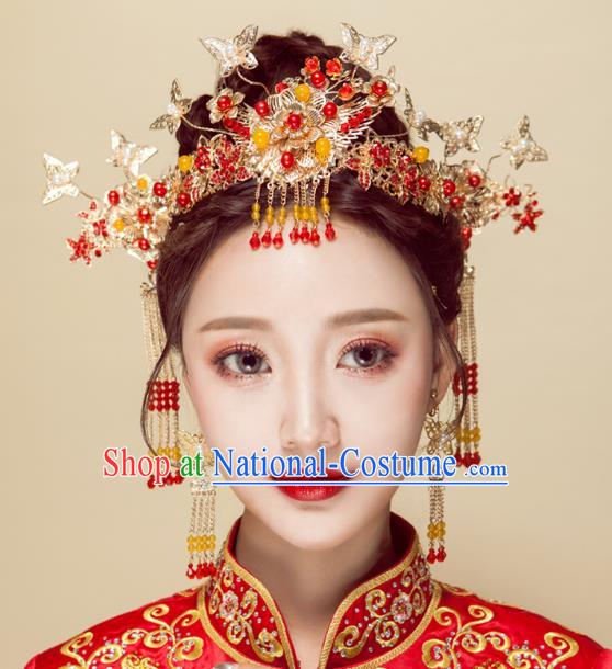 Chinese Handmade Classical Wedding Hair Accessories Ancient Xiuhe Suits Butterfly Phoenix Coronet Hairpins for Women