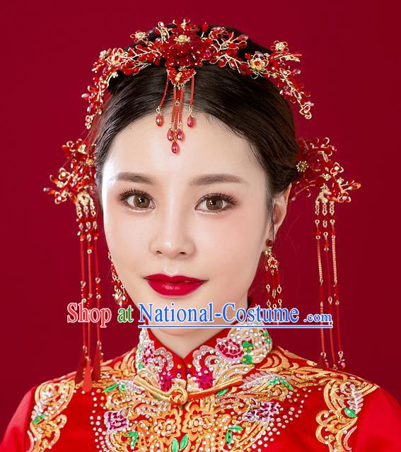 Chinese Handmade Classical Wedding Hair Accessories Ancient Red Beads Tassel Hairpins Headdress for Women