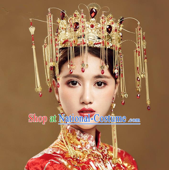 Chinese Handmade Classical Wedding Hair Accessories Ancient Tassel Phoenix Coronet Hairpins Headdress for Women