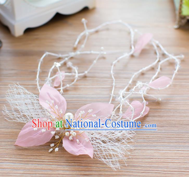 Handmade Classical Wedding Hair Accessories Bride Pink Flower Hair Stick Headband for Women