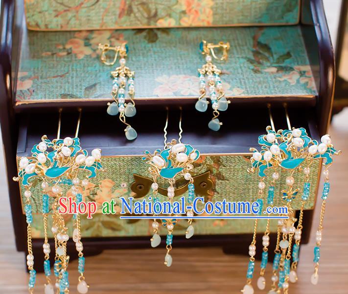 Chinese Handmade Classical Wedding Hair Accessories Ancient Blue Tassel Hairpins Step Shake for Women