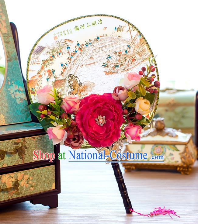 Chinese Handmade Classical Peony Palace Fans Ancient Wedding Round Fans for Women