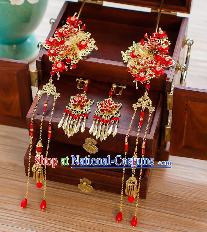 Chinese Handmade Classical Hair Accessories Ancient Palace Red Tassel Hairpins for Women