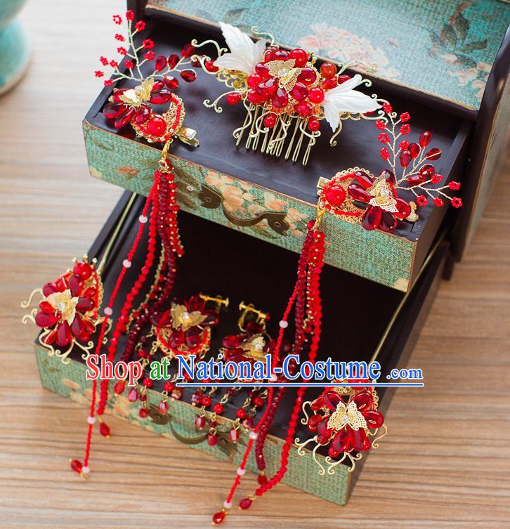 Chinese Handmade Classical Hair Accessories Ancient Palace Red Beads Hair Comb Hairpins for Women