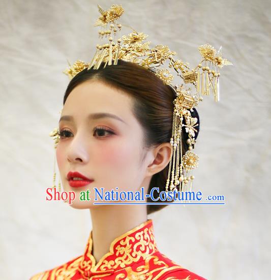 Chinese Handmade Classical Hair Accessories Ancient Palace Golden Phoenix Coronet Hairpins for Women