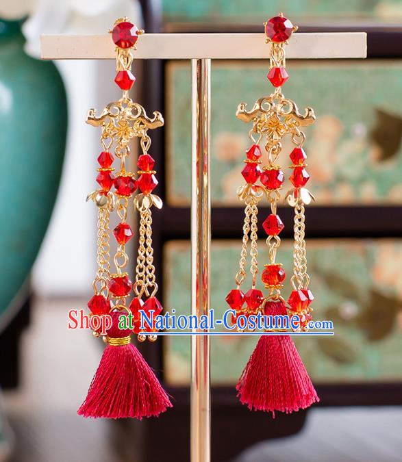 Handmade Classical Wedding Accessories Bride Red Tassel Golden Earrings for Women