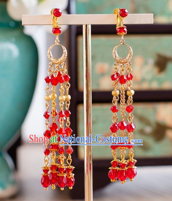 Handmade Classical Wedding Accessories Bride Red Beads Tassel Hanfu Earrings for Women