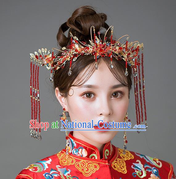 Chinese Handmade Classical Hair Accessories Ancient Palace Red Tassel Phoenix Coronet Hairpins for Women