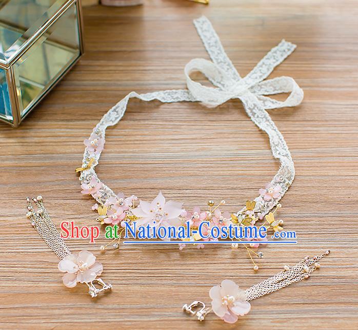 Handmade Classical Wedding Hair Accessories Bride Hair Clasp Pink Flowers Lace Headband for Women