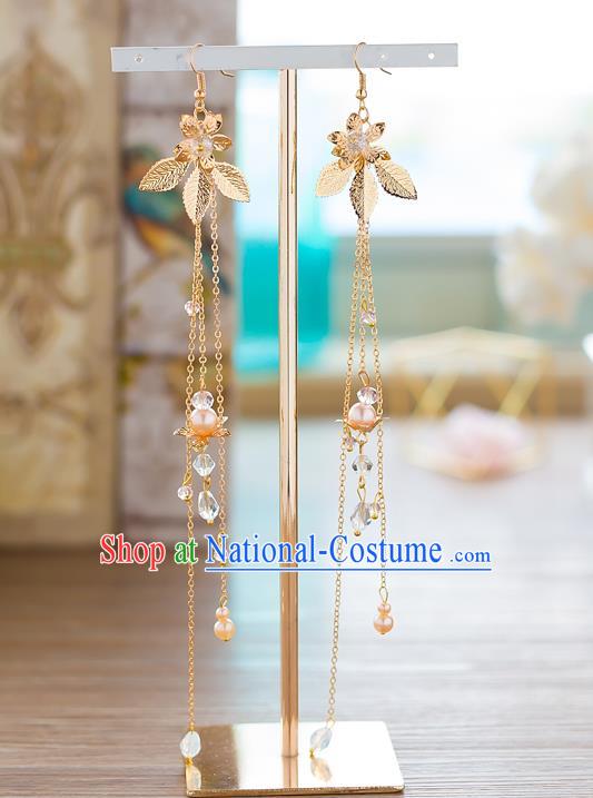 Handmade Classical Wedding Accessories Long Tassel Eardrop Bride Golden Flowers Earrings for Women