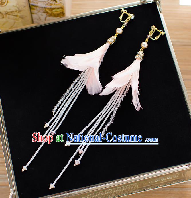 Handmade Classical Wedding Accessories Bride Pink Feather Tassel Earrings for Women