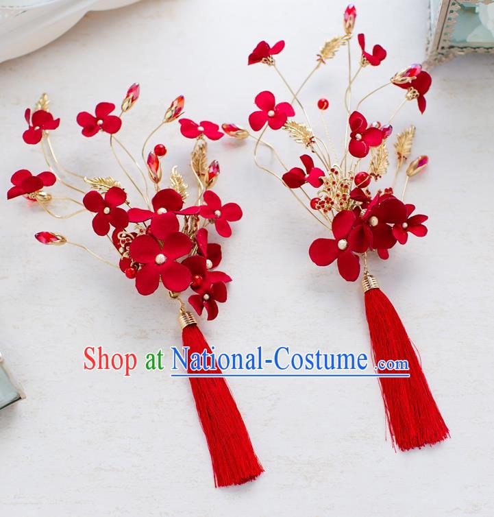 Handmade Classical Wedding Hair Accessories Bride Red Flowers Tassel Hair Stick Headwear for Women