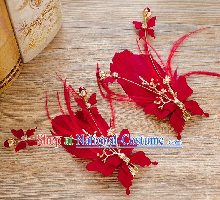 Handmade Classical Wedding Hair Accessories Bride Red Feather Hair Stick Headwear for Women