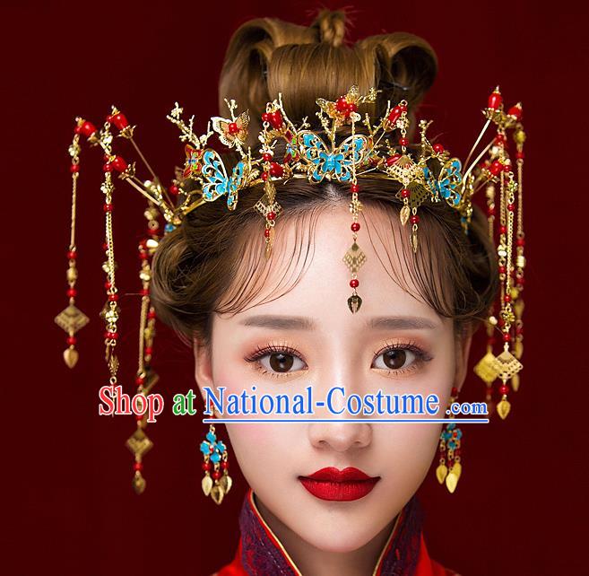 Chinese Handmade Classical Hair Accessories Ancient Palace Blueing Phoenix Coronet Hairpins Complete Set for Women