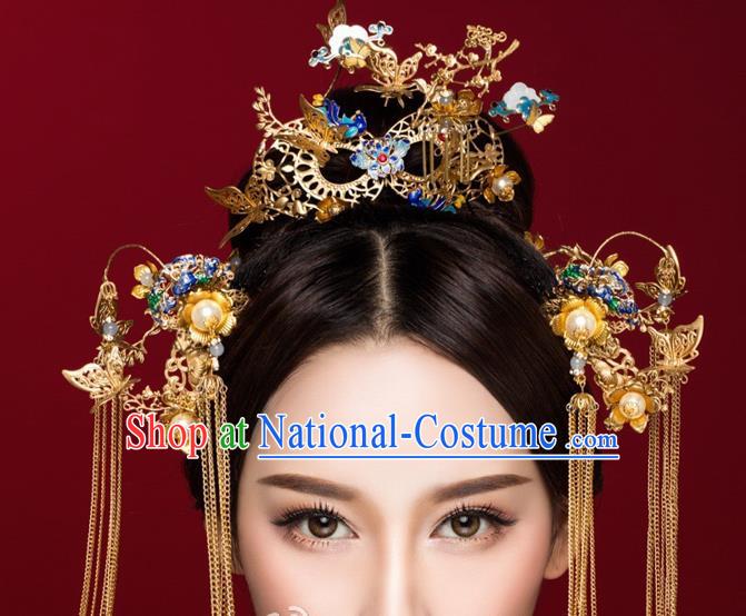 Chinese Handmade Classical Hair Accessories Ancient Palace Cloisonne Phoenix Coronet Hairpins Complete Set for Women