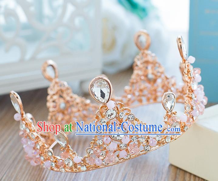 Handmade Classical Hair Accessories Bride Baroque Pink Beads Crystal Round Royal Crown for Women