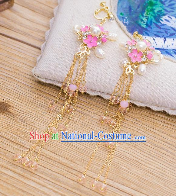 Handmade Classical Wedding Accessories Bride Pink Flowers Pearls Earrings for Women