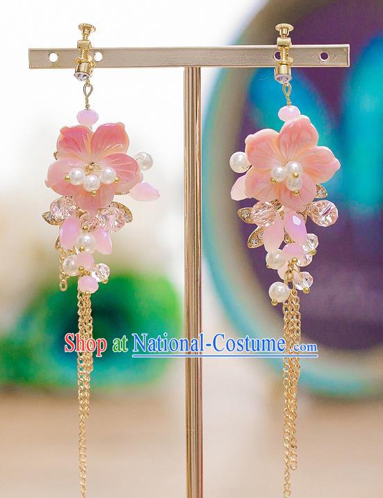 Handmade Classical Wedding Accessories Bride Pink Flowers Tassel Earrings for Women