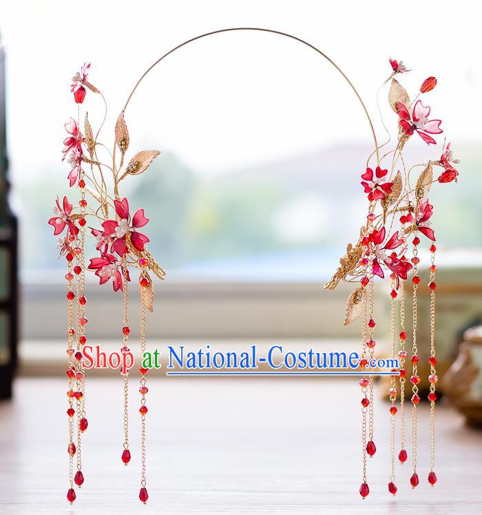 Handmade Classical Wedding Hair Accessories Bride Red Flowers Tassel Hair Clasp Headwear for Women