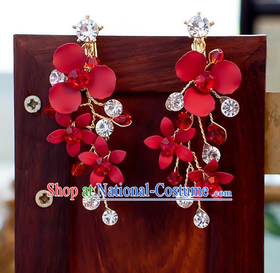 Handmade Classical Wedding Accessories Bride Tassel Red Flowers Crystal Earrings for Women