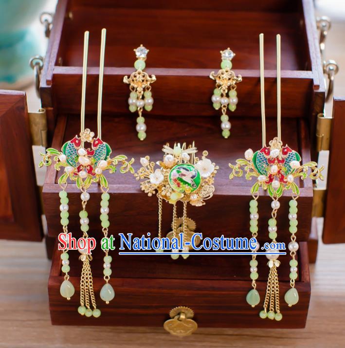 Chinese Handmade Classical Hair Accessories Ancient Tassel Double Fishes Hairpins Step Shake for Women