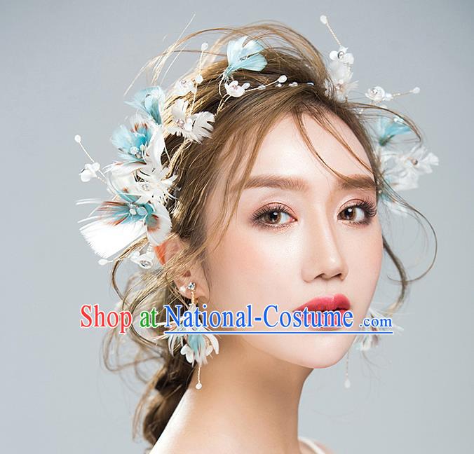 Handmade Classical Wedding Hair Accessories Bride Feather Hair Clasp and Earrings Headwear for Women